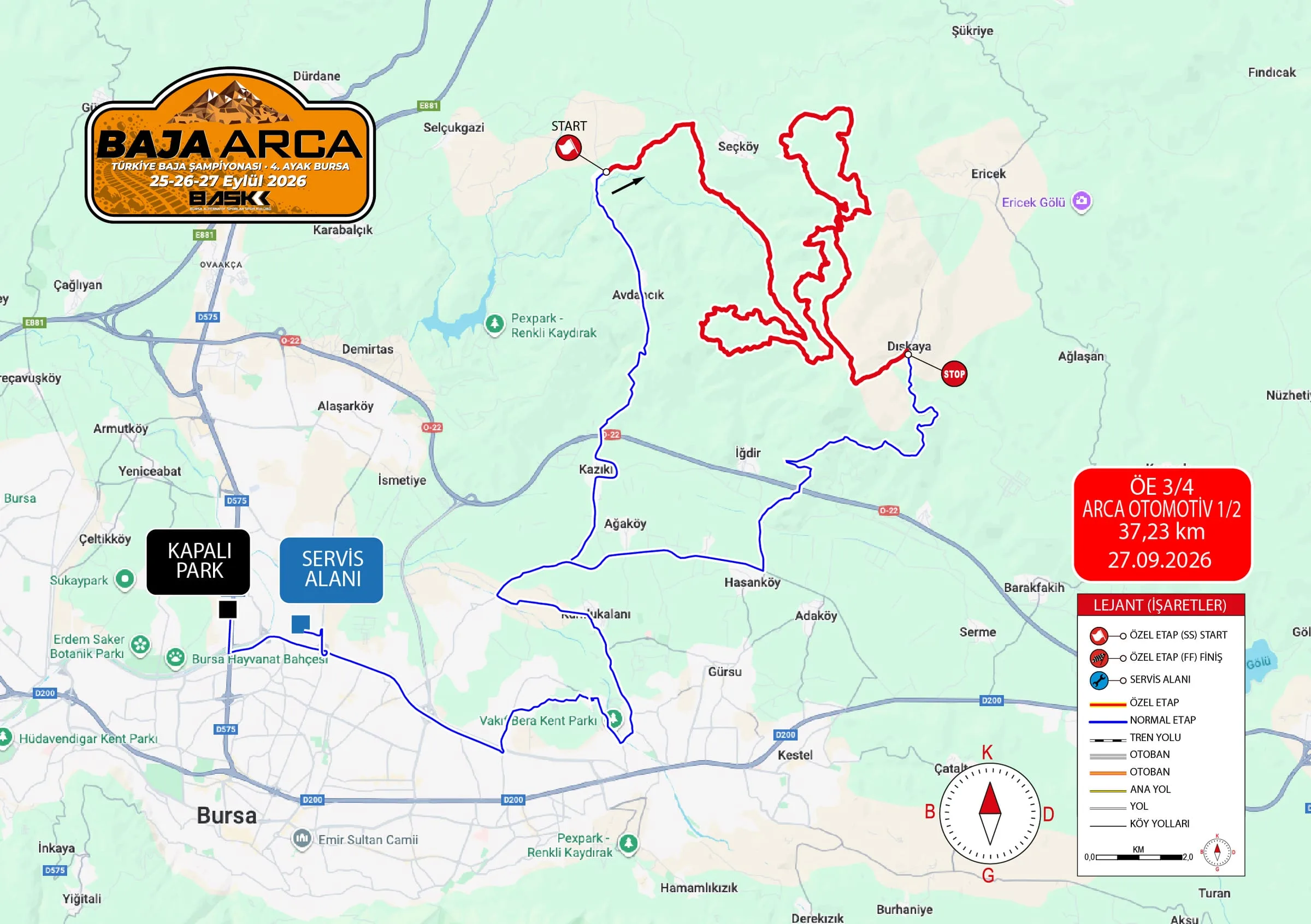 Pazar haritası — ÖE 3/4 Arca Otomotiv, 37,23 km, 27.09.2026. Servis alanından starta bağlantı yolu ve Dışkaya yakınında biten özel etap.